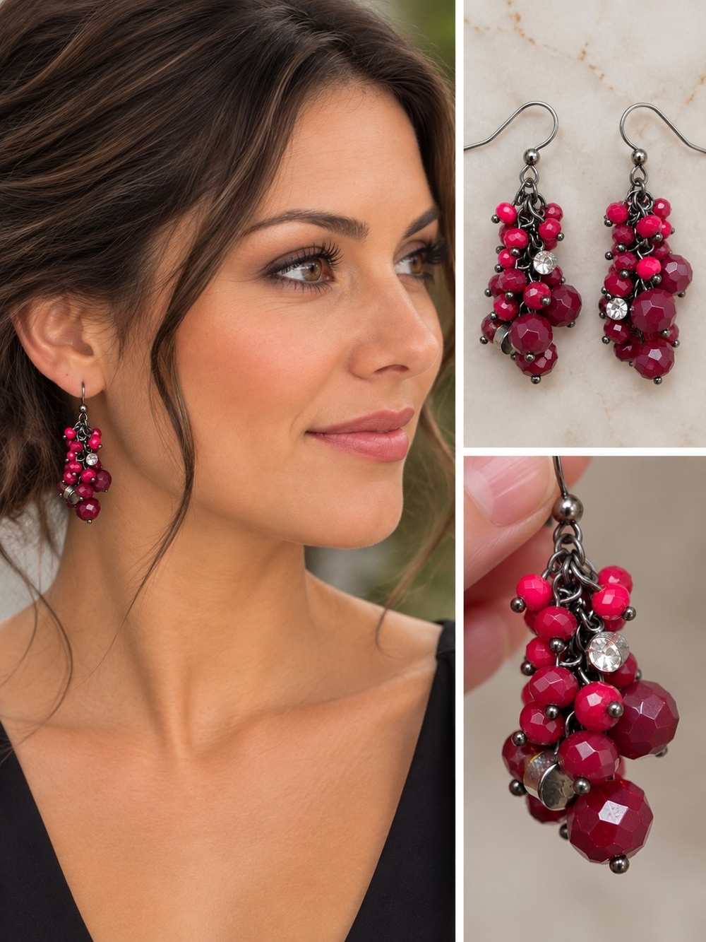 ❤️ Deep Red & Ruby Beaded Dangle Earrings